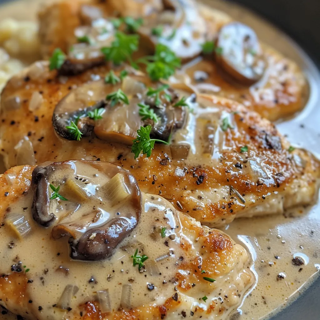 ['Close-up view of creamy chicken with mushrooms on a plate.', 'Side angle of tender chicken cutlets covered in creamy mushroom sauce.', 'Juicy chicken cutlets with sliced baby bella mushrooms in a rich sauce.', 'Detailed shot of creamy chicken and mushrooms, garnished with fresh thyme.']