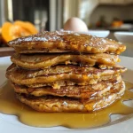 ['Close-up of golden-brown pumpkin pancakes stacked on a plate.', 'Side view of fluffy pumpkin pancakes topped with syrup and cinnamon.', 'Delicious pumpkin pancakes arranged on a colorful plate, ready to serve.', 'Mouthwatering pumpkin pancakes with a light dusting of pumpkin pie spice.']