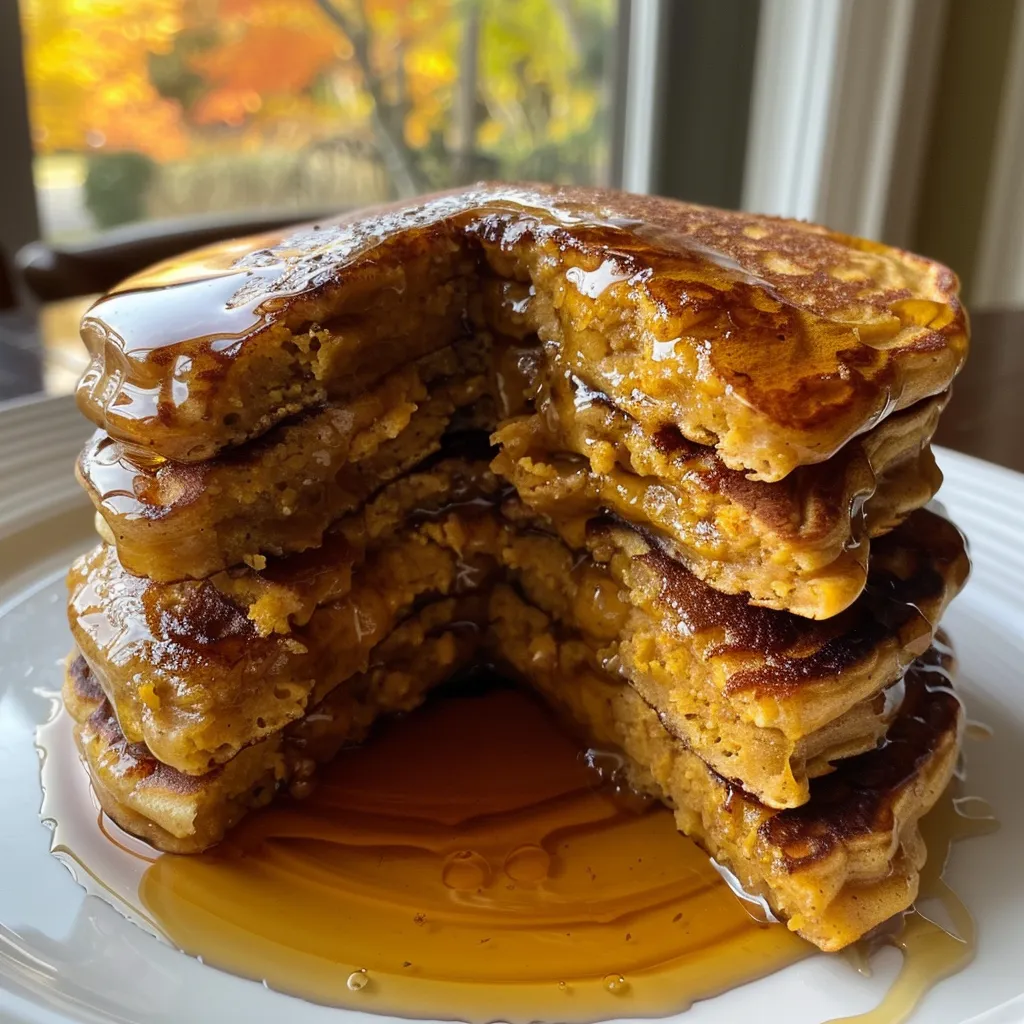 ['Close-up of golden-brown pumpkin pancakes stacked on a plate.', 'Side view of fluffy pumpkin pancakes topped with syrup and cinnamon.', 'Delicious pumpkin pancakes arranged on a colorful plate, ready to serve.', 'Mouthwatering pumpkin pancakes with a light dusting of pumpkin pie spice.']