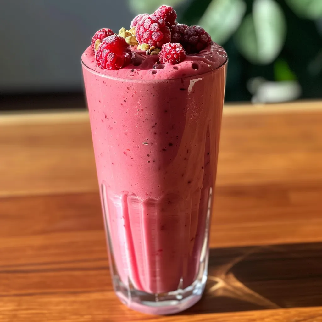 ['Close-up side view of a vibrant raspberry coconut smoothie in a glass.', 'A glass filled with a thick, red raspberry coconut smoothie showcasing its creamy texture.', 'Raspberry coconut smoothie with fresh raspberries and coconut milk, displayed elegantly.', 'A refreshing raspberry coconut smoothie seen from the side, rich in color and ingredients.']