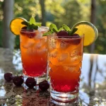 ['Close-up of a Cherry Vanilla Fizz in a glass with ice, garnished with fresh cherries and mint.', 'Side view of a refreshing Cherry Vanilla Fizz with a vibrant red hue, ice, and garnishes on the rim.', 'A delicious Cherry Vanilla Fizz drink displayed in a glass, featuring ice and colorful garnishes.', 'Close-up image of a Cherry Vanilla Fizz cocktail, showcasing its frothy top and garnishing elements.']