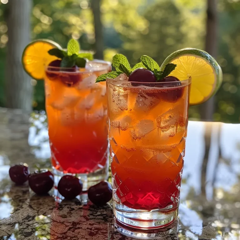 ['Close-up of a Cherry Vanilla Fizz in a glass with ice, garnished with fresh cherries and mint.', 'Side view of a refreshing Cherry Vanilla Fizz with a vibrant red hue, ice, and garnishes on the rim.', 'A delicious Cherry Vanilla Fizz drink displayed in a glass, featuring ice and colorful garnishes.', 'Close-up image of a Cherry Vanilla Fizz cocktail, showcasing its frothy top and garnishing elements.']