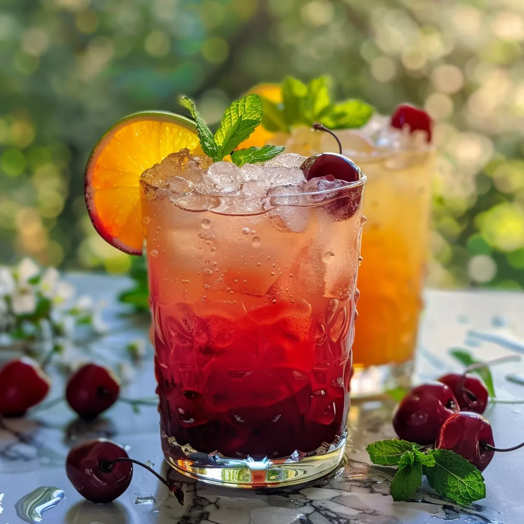 ['Close-up of a Cherry Vanilla Fizz in a glass with ice, garnished with fresh cherries and mint.', 'Side view of a refreshing Cherry Vanilla Fizz with a vibrant red hue, ice, and garnishes on the rim.', 'A delicious Cherry Vanilla Fizz drink displayed in a glass, featuring ice and colorful garnishes.', 'Close-up image of a Cherry Vanilla Fizz cocktail, showcasing its frothy top and garnishing elements.']