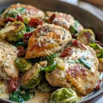 ['Juicy slices of Tuscan chicken served with vibrant Brussels sprouts in a skillet.', 'Close-up of a skillet featuring tender chicken and fresh Brussels sprouts, garnished with herbs.', 'A colorful Tuscan Chicken and Brussels Sprouts dish presented in a skillet, showcasing creamy sauce.', 'Side view of a delicious chicken skillet with Brussels sprouts, sun-dried tomatoes, and spinach.']