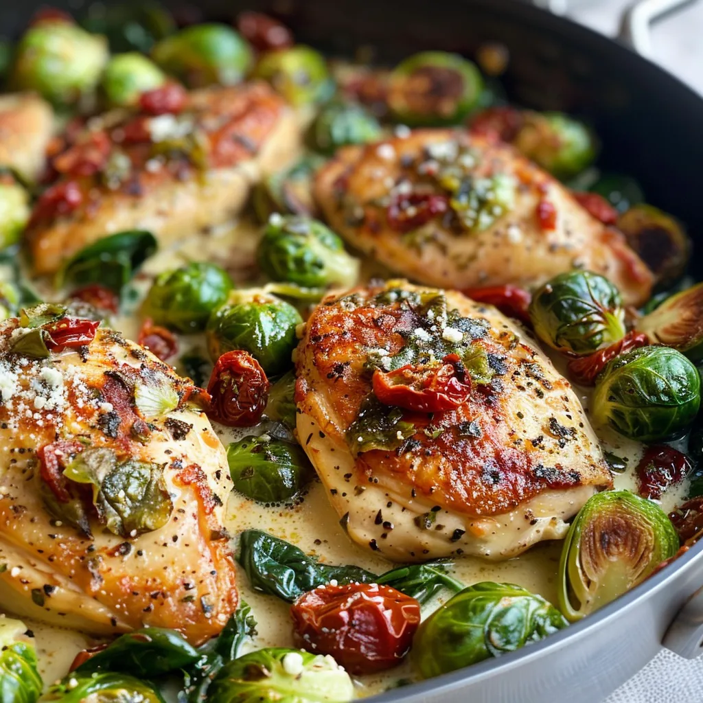 ['Juicy slices of Tuscan chicken served with vibrant Brussels sprouts in a skillet.', 'Close-up of a skillet featuring tender chicken and fresh Brussels sprouts, garnished with herbs.', 'A colorful Tuscan Chicken and Brussels Sprouts dish presented in a skillet, showcasing creamy sauce.', 'Side view of a delicious chicken skillet with Brussels sprouts, sun-dried tomatoes, and spinach.']