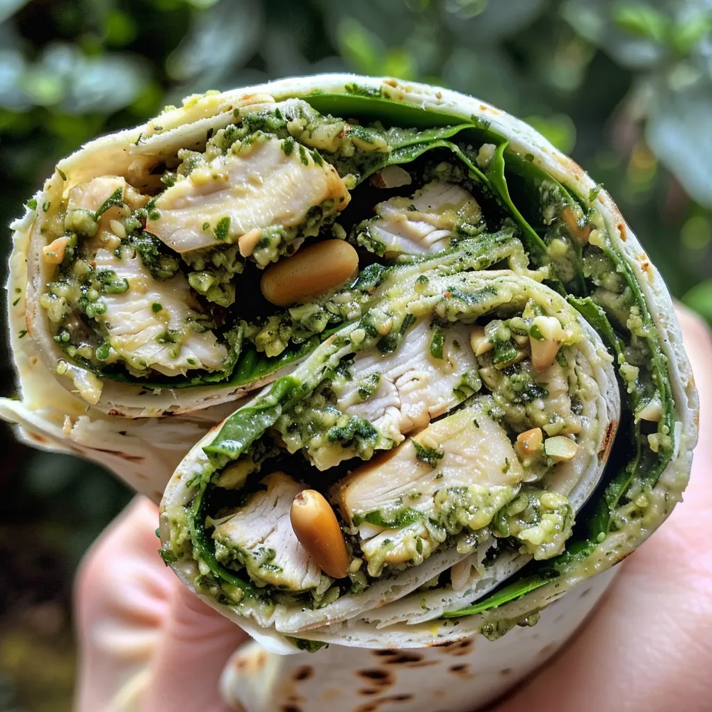['A close-up side view of a high-protein chicken wrap with vibrant greens and avocado.', 'Juicy chicken wrap filled with spinach, pesto, and diced avocado, photographed from the side.', 'A detailed view of a high-protein chicken wrap showcasing its colorful ingredients.', 'Side perspective of a wholesome chicken wrap loaded with greens and flavorful pesto.']