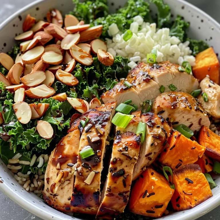 ['Close-up of a Chicken Harvest Bowl featuring colorful ingredients.', 'Side view of a Chicken Harvest Bowl with sweet potatoes, chicken, and kale.', 'Vibrant Chicken Harvest Bowl filled with diced apples and almonds.', 'Detailed view of a Chicken Harvest Bowl showcasing fresh greens and grains.']