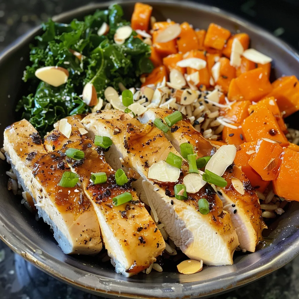 ['Close-up of a Chicken Harvest Bowl featuring colorful ingredients.', 'Side view of a Chicken Harvest Bowl with sweet potatoes, chicken, and kale.', 'Vibrant Chicken Harvest Bowl filled with diced apples and almonds.', 'Detailed view of a Chicken Harvest Bowl showcasing fresh greens and grains.']