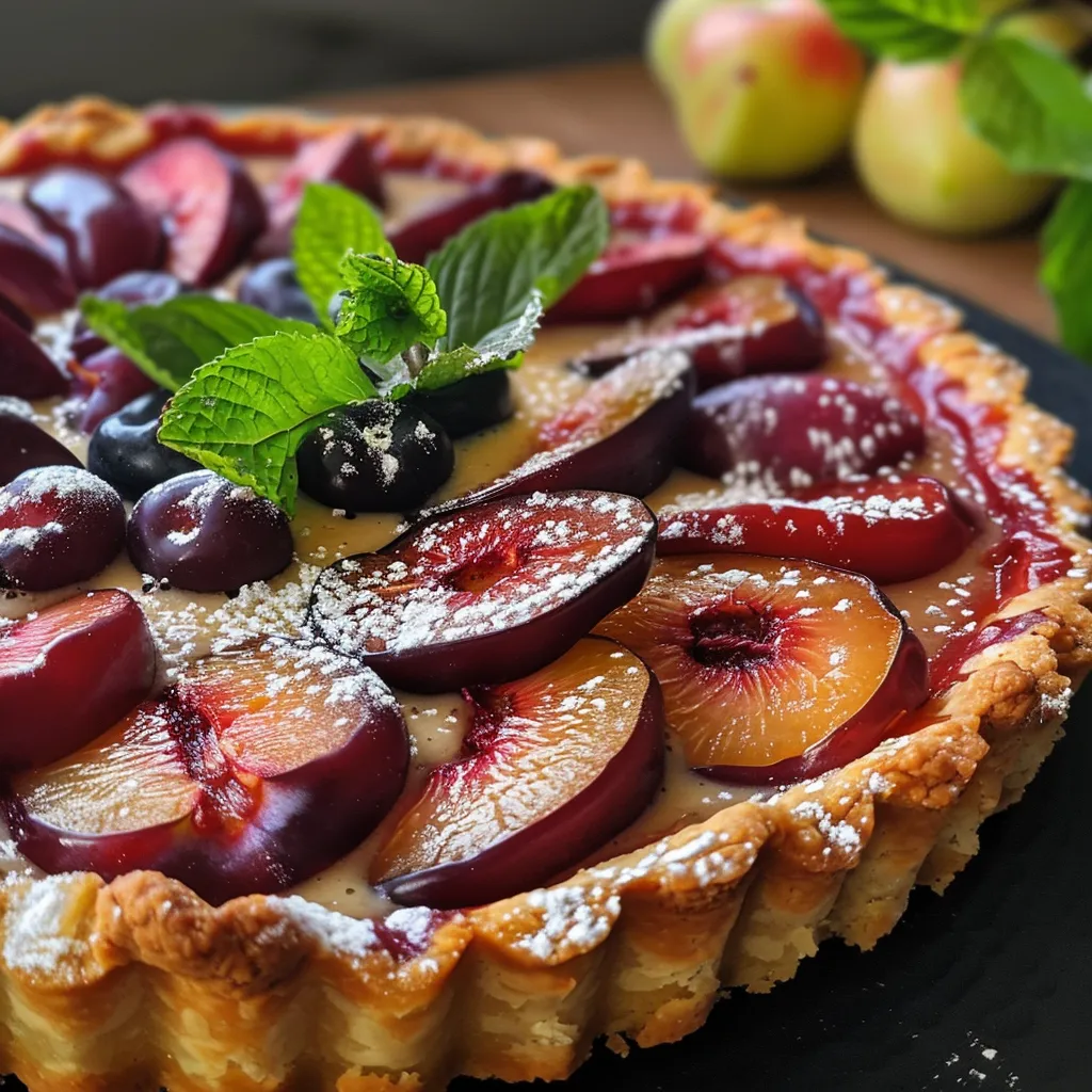 ['Close-up of a Plum Vanilla Custard Tart with glistening plums on top.', 'Side view of a Plum Vanilla Custard Tart showcasing its creamy filling and tart crust.', 'Juicy red and black plums on a golden custard tart, highlighting its texture.', 'A detailed look at a Plum Vanilla Custard Tart, featuring layers of custard and fruit.']