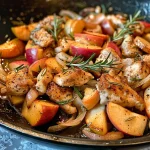['A close-up view of sautéed chicken strips and apple slices garnished with rosemary.', 'Juicy sautéed chicken and red apple slices on a plate with a sprinkle of fresh rosemary.', 'A detailed side view of chicken and apple dish showcasing vibrant colors and textures.', 'An iPhone 15 Pro photo of sautéed chicken and apples with rosemary on a rustic plate.']