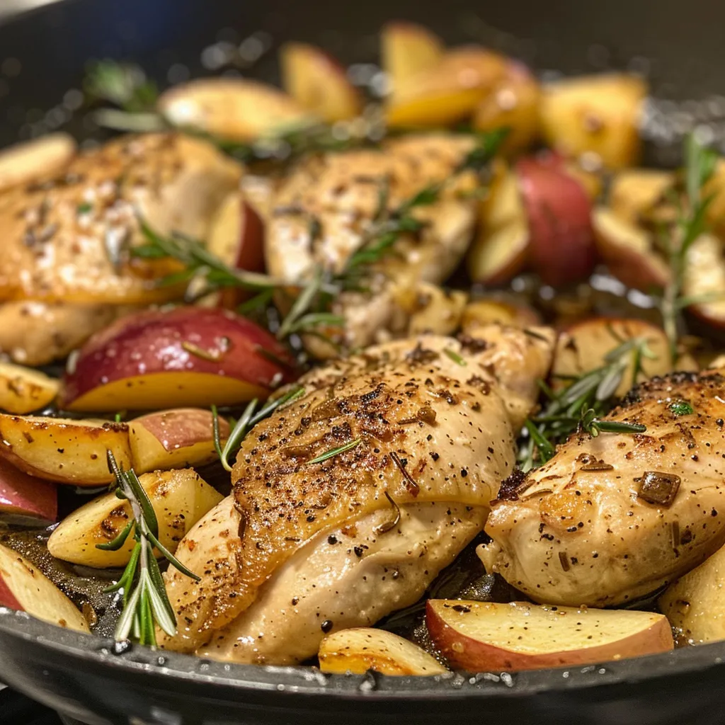 ['A close-up view of sautéed chicken strips and apple slices garnished with rosemary.', 'Juicy sautéed chicken and red apple slices on a plate with a sprinkle of fresh rosemary.', 'A detailed side view of chicken and apple dish showcasing vibrant colors and textures.', 'An iPhone 15 Pro photo of sautéed chicken and apples with rosemary on a rustic plate.']