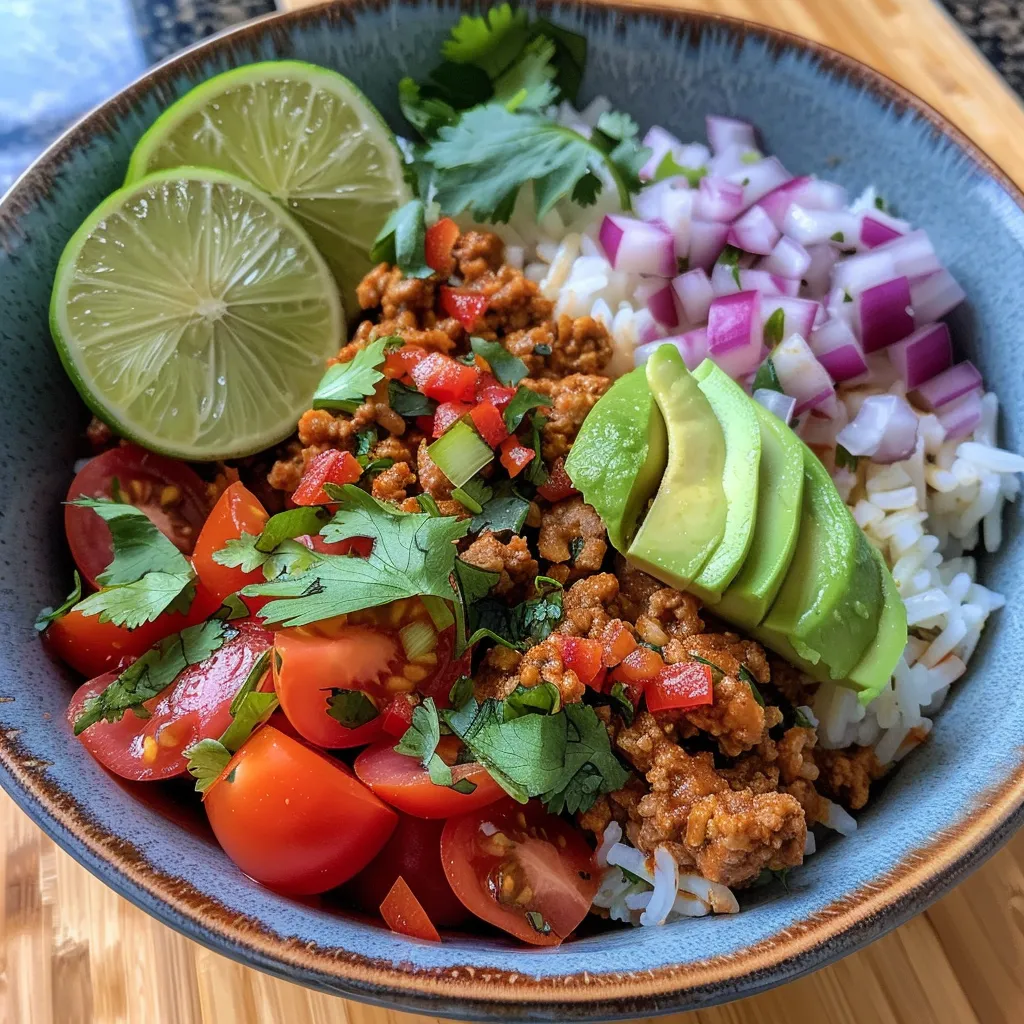 ['A beautifully arranged Turkey Taco Rice Bowl featuring slices of avocado and vibrant pico de gallo.', 'A close-up view of a Turkey Taco Rice Bowl with colorful toppings including avocado and fresh tomatoes.', 'A side view of a Turkey Taco Rice Bowl, showcasing ingredients like basmati rice, ground turkey, and avocado.', 'An appetizing Turkey Taco Rice Bowl garnished with pico de gallo and avocado, highlighting its vibrant colors.']