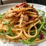['Close-up of Apple and Arugula Pasta with Chicken, highlighting fresh ingredients.', 'Side view of a plate of pasta featuring chicken, arugula, and sliced apples.', 'Delicious pasta dish with chicken, arugula, and cranberries, garnished with pecans.', 'Inviting bowl of Apple and Arugula Pasta showcasing vibrant colors and textures.']