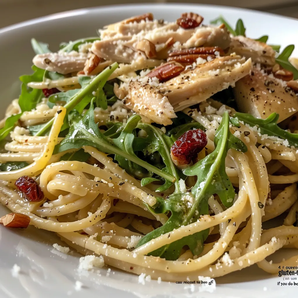 ['Close-up of Apple and Arugula Pasta with Chicken, highlighting fresh ingredients.', 'Side view of a plate of pasta featuring chicken, arugula, and sliced apples.', 'Delicious pasta dish with chicken, arugula, and cranberries, garnished with pecans.', 'Inviting bowl of Apple and Arugula Pasta showcasing vibrant colors and textures.']