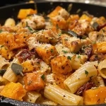 ['Juicy roasted butternut squash and sun-dried tomato chicken pasta in a creamy sauce.', 'Close-up view of a vibrant bowl of pasta featuring butternut squash and sun-dried tomatoes.', 'A colorful dish of chicken pasta with roasted butternut squash and herbs, garnished with parmesan.', 'Side view of creamy pasta with chunks of roasted butternut squash, chicken, and sun-dried tomatoes.']
