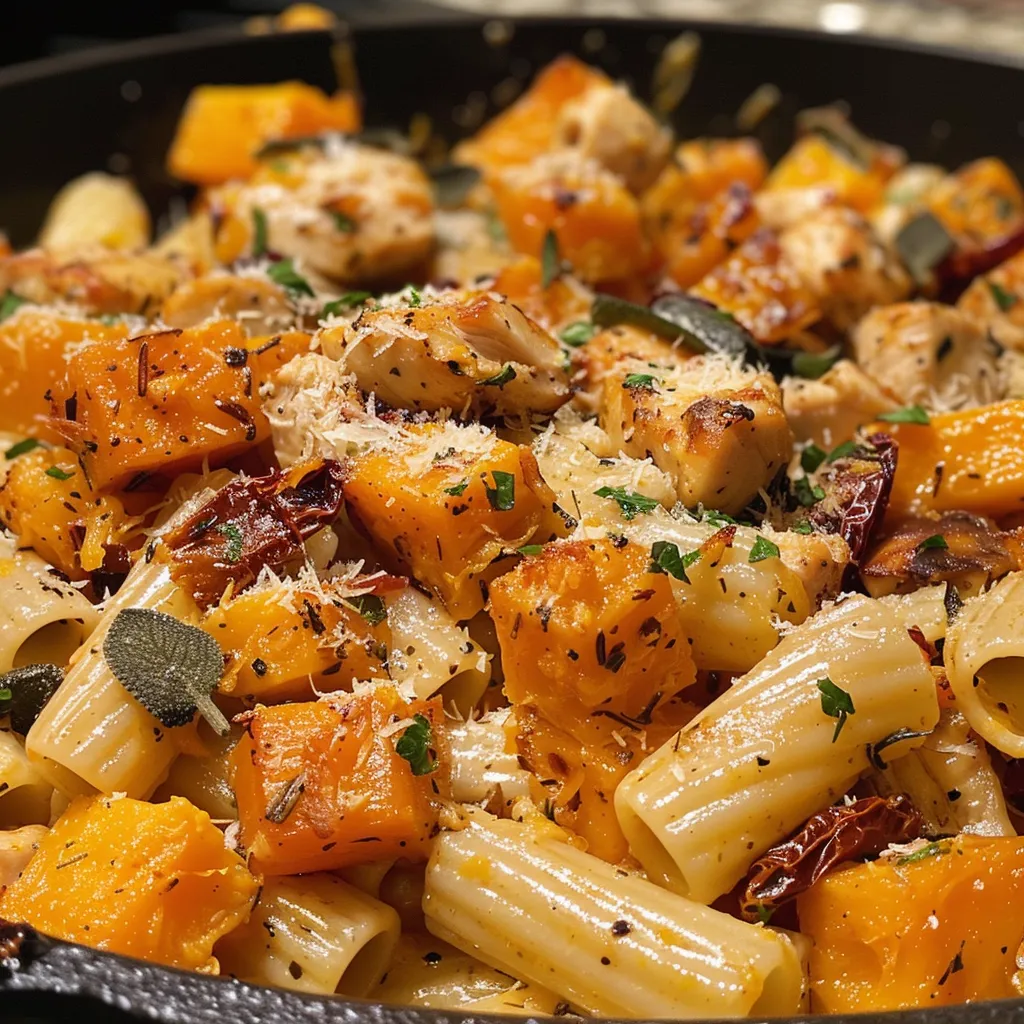['Juicy roasted butternut squash and sun-dried tomato chicken pasta in a creamy sauce.', 'Close-up view of a vibrant bowl of pasta featuring butternut squash and sun-dried tomatoes.', 'A colorful dish of chicken pasta with roasted butternut squash and herbs, garnished with parmesan.', 'Side view of creamy pasta with chunks of roasted butternut squash, chicken, and sun-dried tomatoes.']