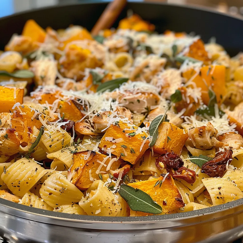 ['Juicy roasted butternut squash and sun-dried tomato chicken pasta in a creamy sauce.', 'Close-up view of a vibrant bowl of pasta featuring butternut squash and sun-dried tomatoes.', 'A colorful dish of chicken pasta with roasted butternut squash and herbs, garnished with parmesan.', 'Side view of creamy pasta with chunks of roasted butternut squash, chicken, and sun-dried tomatoes.']