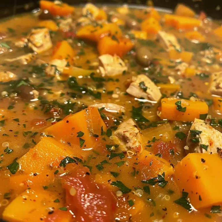 ['Close-up of a hearty chicken stew with butternut squash and quinoa in a bowl.', 'Side view of a delicious chicken stew filled with colorful vegetables and quinoa.', 'Juicy chicken stew displayed in a rustic bowl, featuring butternut squash and herbs.', 'A vibrant serving of chicken stew highlighting chunks of butternut squash and fresh parsley.']