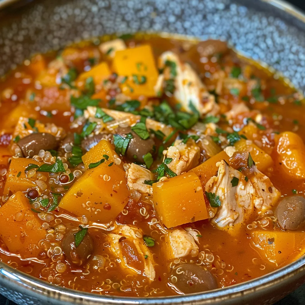 ['Close-up of a hearty chicken stew with butternut squash and quinoa in a bowl.', 'Side view of a delicious chicken stew filled with colorful vegetables and quinoa.', 'Juicy chicken stew displayed in a rustic bowl, featuring butternut squash and herbs.', 'A vibrant serving of chicken stew highlighting chunks of butternut squash and fresh parsley.']