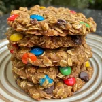 ['Close-up view of a healthy monster cookie featuring oats, chocolate chips, and M&Ms.', 'Juicy, colorful monster cookies stacked on a plate, showcasing their ingredients.', 'Side view of a freshly baked healthy cookie, highlighting its chewy texture and vibrant toppings.', 'Delicious monster cookie with visible oats and chocolate chips, set against a rustic background.']