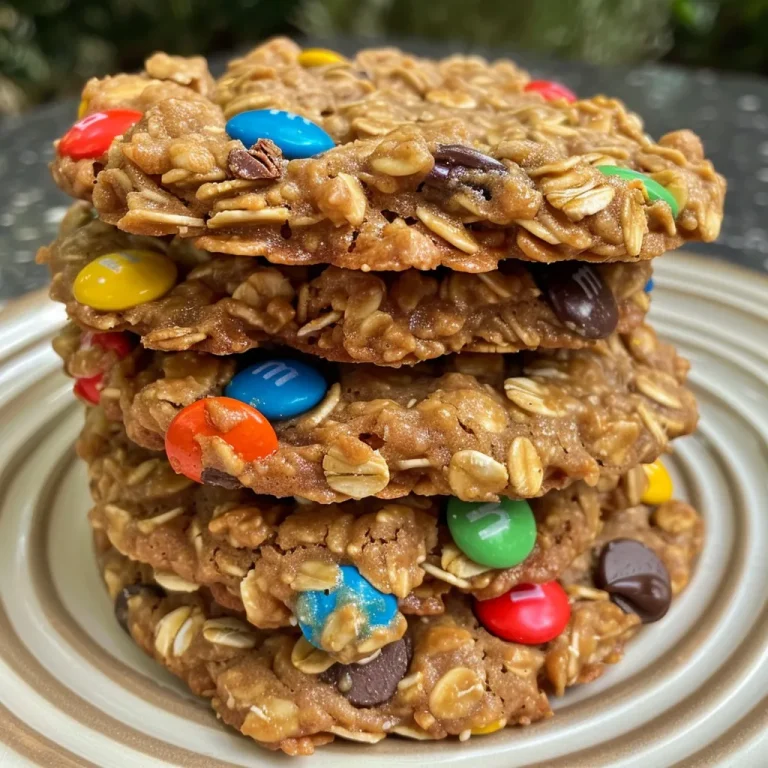 ['Close-up view of a healthy monster cookie featuring oats, chocolate chips, and M&Ms.', 'Juicy, colorful monster cookies stacked on a plate, showcasing their ingredients.', 'Side view of a freshly baked healthy cookie, highlighting its chewy texture and vibrant toppings.', 'Delicious monster cookie with visible oats and chocolate chips, set against a rustic background.']