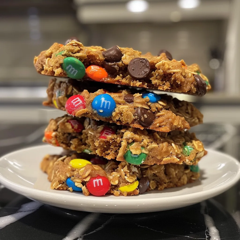 ['Close-up view of a healthy monster cookie featuring oats, chocolate chips, and M&Ms.', 'Juicy, colorful monster cookies stacked on a plate, showcasing their ingredients.', 'Side view of a freshly baked healthy cookie, highlighting its chewy texture and vibrant toppings.', 'Delicious monster cookie with visible oats and chocolate chips, set against a rustic background.']