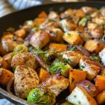 ['A close-up of Maple Dijon Chicken Skillet with chicken pieces, sweet potatoes, and Brussels sprouts.', 'Side view of a platter of Maple Dijon Chicken Skillet featuring colorful vegetables and tender chicken.', 'A vibrant skillet meal showcasing Maple Dijon Chicken with diced apples and herbs.', 'Close-up of maple-glazed chicken dish with red onions, sweet potatoes, and Brussels sprouts.']