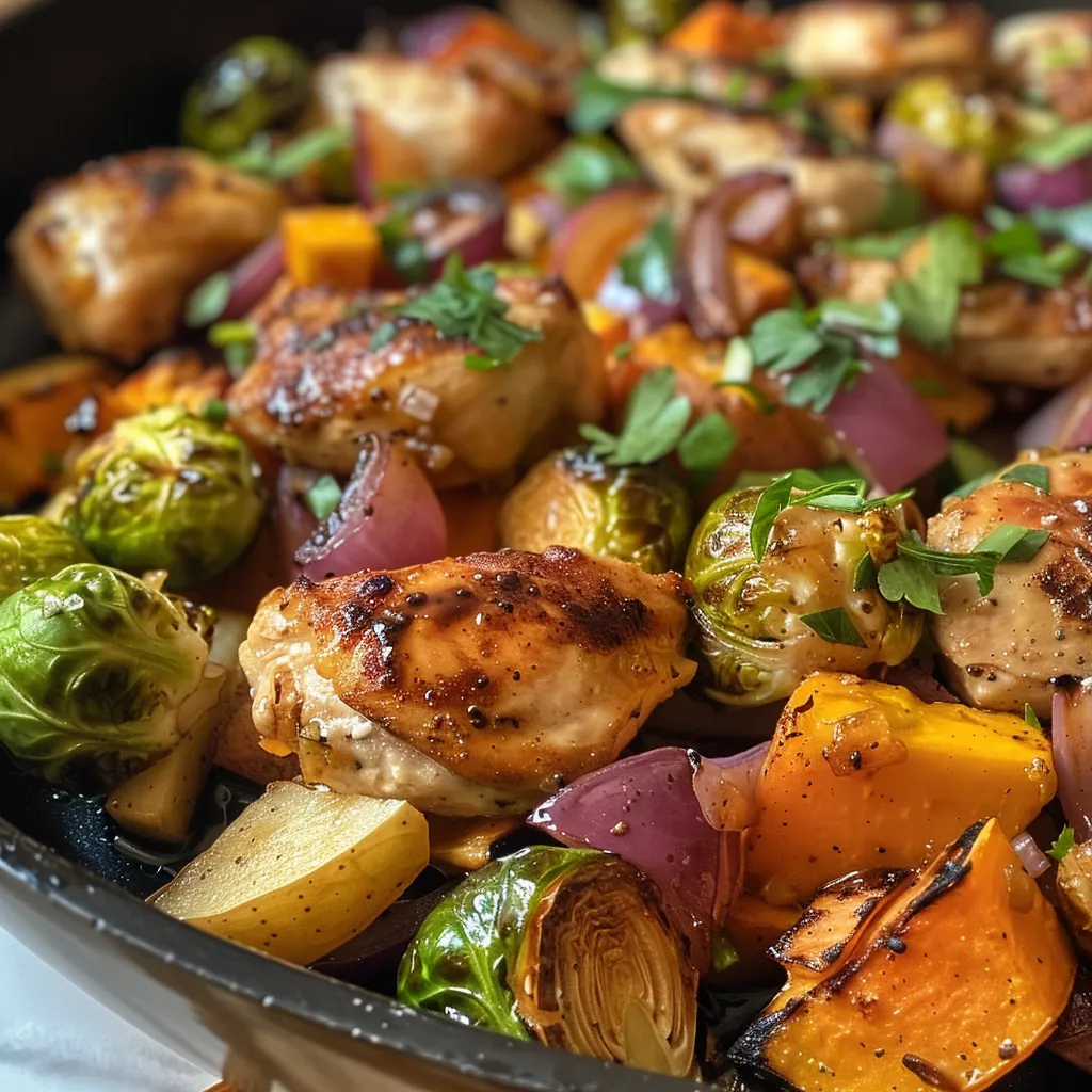 ['A close-up of Maple Dijon Chicken Skillet with chicken pieces, sweet potatoes, and Brussels sprouts.', 'Side view of a platter of Maple Dijon Chicken Skillet featuring colorful vegetables and tender chicken.', 'A vibrant skillet meal showcasing Maple Dijon Chicken with diced apples and herbs.', 'Close-up of maple-glazed chicken dish with red onions, sweet potatoes, and Brussels sprouts.']