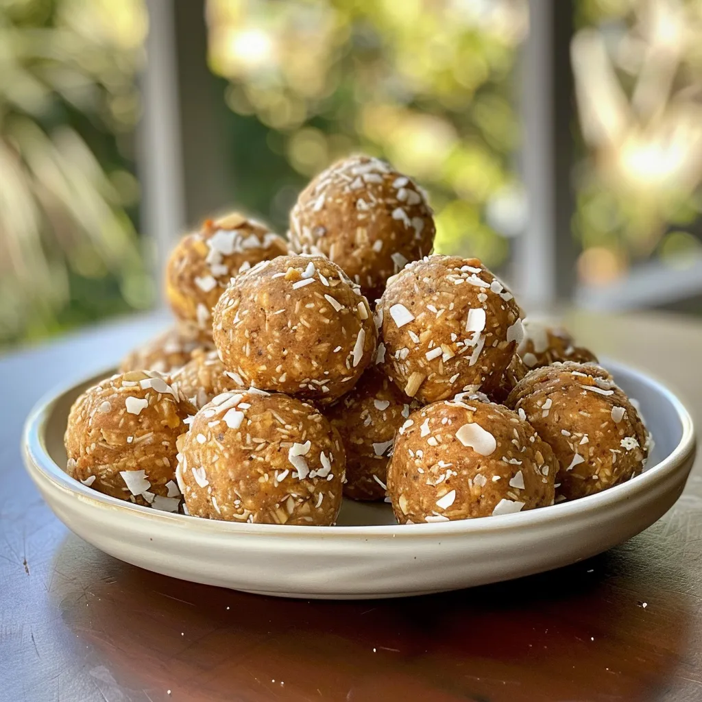 ['Close-up view of Pumpkin Protein Balls coated in shredded coconut.', 'Side angle of juicy Pumpkin Protein Balls on a wooden surface.', 'Detailed shot of several Pumpkin Protein Balls arranged attractively.', 'Textured surface of Pumpkin Protein Balls with a warm, autumn color scheme.']