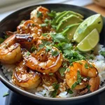 ['A close-up view of a Teriyaki Shrimp Rice Bowl featuring succulent shrimp, avocado slices, and garnish.', 'Side view of a Teriyaki Shrimp Rice Bowl showcasing shrimp, jasmine rice, and fresh toppings.', 'Detailed close-up of a delicious Teriyaki Shrimp Rice Bowl with shrimp, rice, and colorful garnishes.', 'An appetizing close-up of Teriyaki Shrimp Rice Bowl with shrimp, avocado, and lime wedges.']