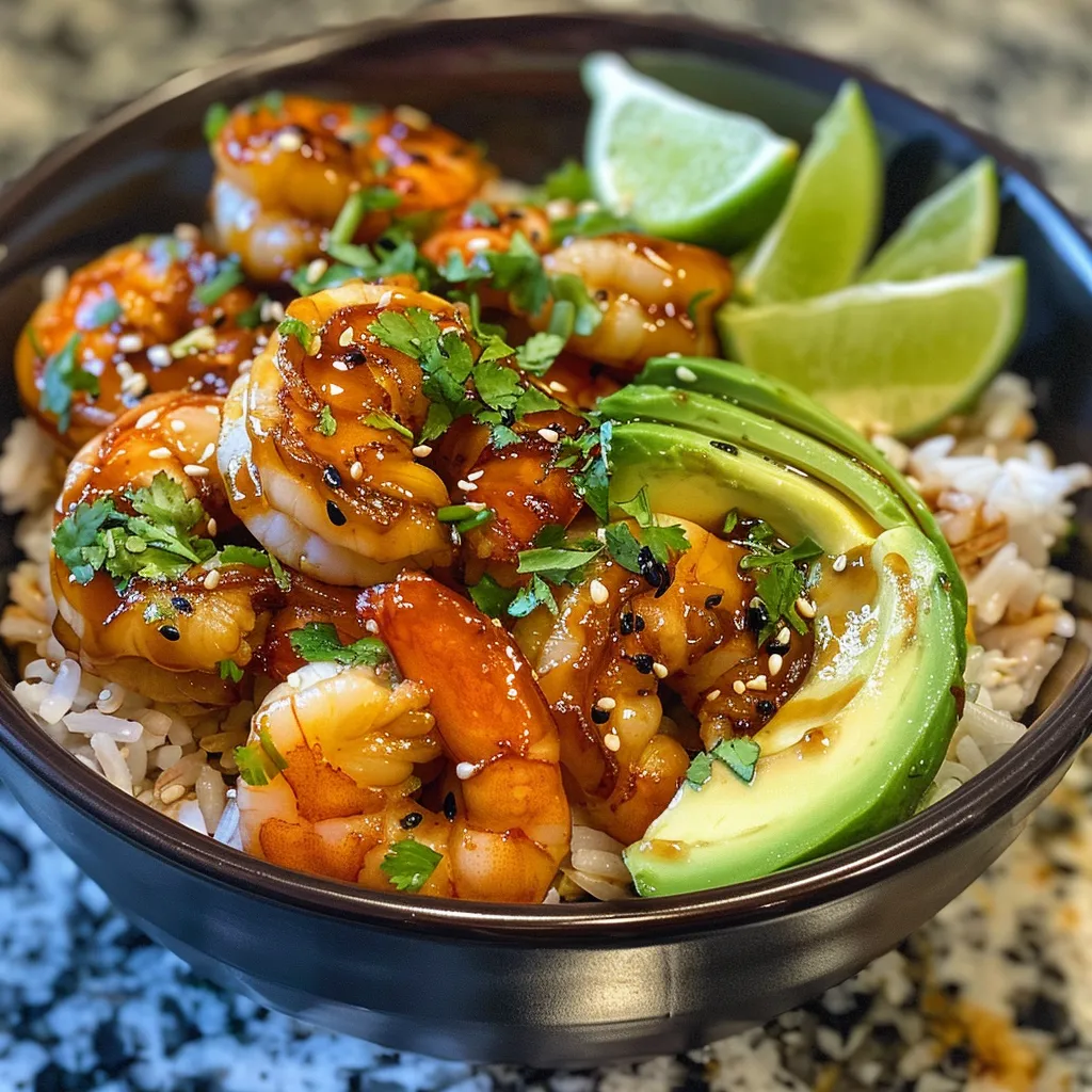 ['A close-up view of a Teriyaki Shrimp Rice Bowl featuring succulent shrimp, avocado slices, and garnish.', 'Side view of a Teriyaki Shrimp Rice Bowl showcasing shrimp, jasmine rice, and fresh toppings.', 'Detailed close-up of a delicious Teriyaki Shrimp Rice Bowl with shrimp, rice, and colorful garnishes.', 'An appetizing close-up of Teriyaki Shrimp Rice Bowl with shrimp, avocado, and lime wedges.']