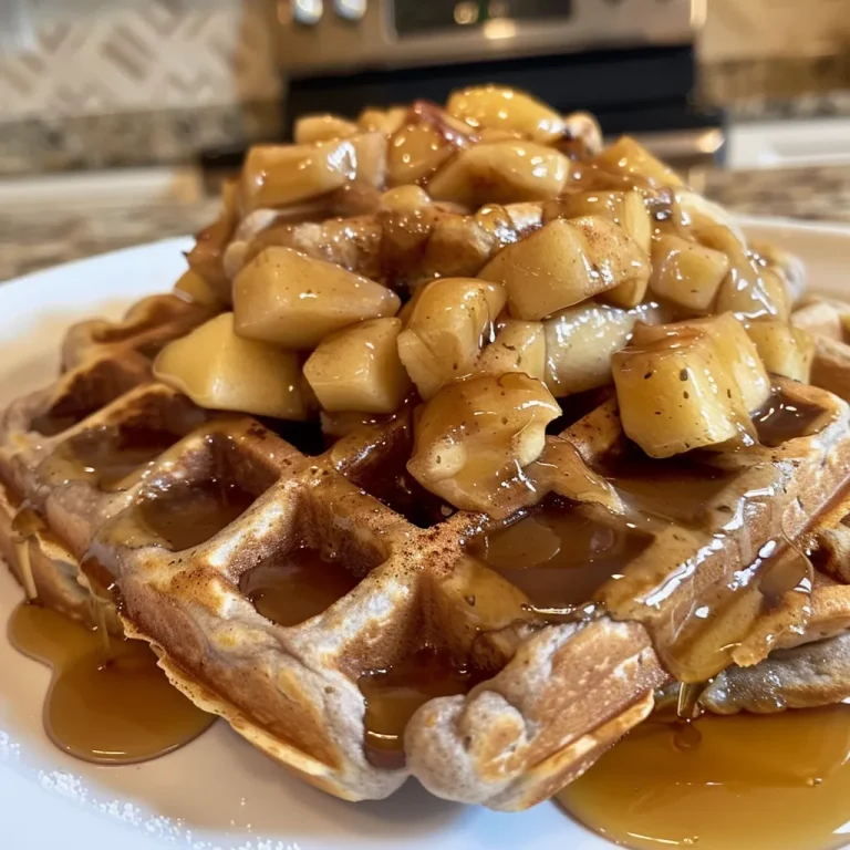 ['Close-up of Apple Pie Protein Waffles topped with diced apples and syrup.', 'Side view of golden-brown Apple Pie Protein Waffles on a plate, garnished with nut butter.', 'Delicious Apple Pie Protein Waffles with a drizzle of maple syrup and apple pieces.', 'A tempting stack of protein-rich Apple Pie Waffles featuring cinnamon and honeycrisp apples.']