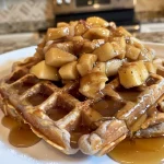 ['Close-up view of golden-brown apple cinnamon waffles stacked on a plate.', 'Side view of fluffy apple cinnamon waffles topped with apple slices and syrup.', 'A delicious serving of gluten-free apple cinnamon waffles with cinnamon dusting.', 'Juicy apple cinnamon waffles arranged neatly, showcasing their fluffy texture.']