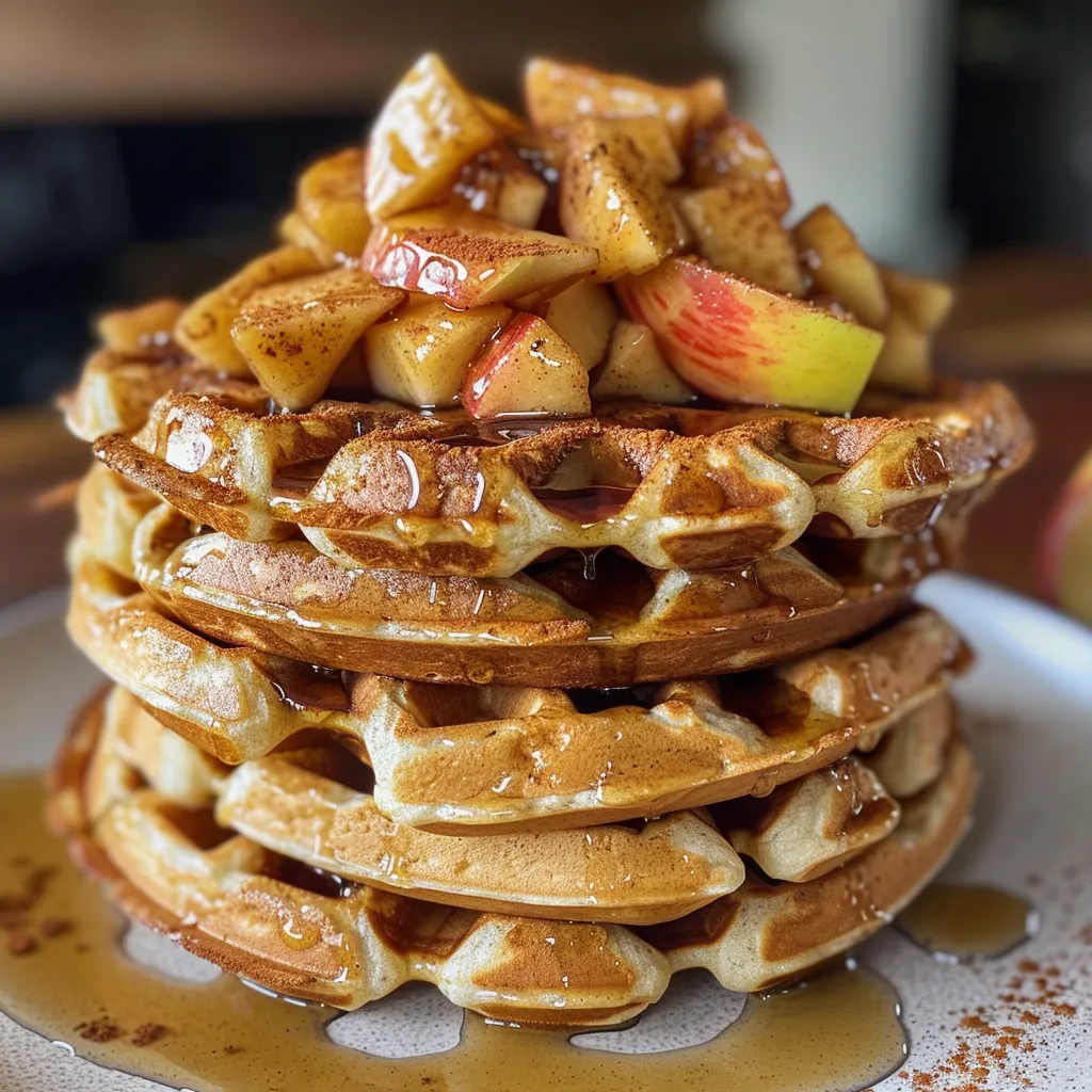 ['Close-up of Apple Pie Protein Waffles topped with diced apples and syrup.', 'Side view of golden-brown Apple Pie Protein Waffles on a plate, garnished with nut butter.', 'Delicious Apple Pie Protein Waffles with a drizzle of maple syrup and apple pieces.', 'A tempting stack of protein-rich Apple Pie Waffles featuring cinnamon and honeycrisp apples.']