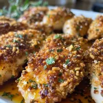 ['Close-up view of Baked Crunchy Maple Dijon Chicken on a plate, showcasing its crispy texture.', 'Side view of juicy Baked Crunchy Maple Dijon Chicken garnished with herbs and a drizzle of sauce.', 'Plate of Baked Crunchy Maple Dijon Chicken featuring a golden, crunchy crust and vibrant garnishes.', 'Detailed shot of succulent Baked Crunchy Maple Dijon Chicken, emphasizing its crispy cornflake coating.']