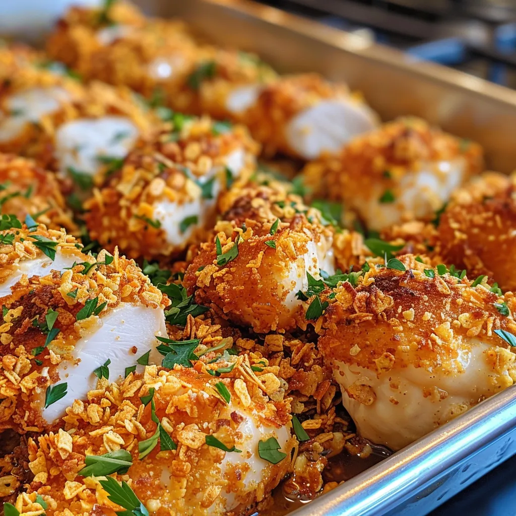 ['Close-up view of Baked Crunchy Maple Dijon Chicken on a plate, showcasing its crispy texture.', 'Side view of juicy Baked Crunchy Maple Dijon Chicken garnished with herbs and a drizzle of sauce.', 'Plate of Baked Crunchy Maple Dijon Chicken featuring a golden, crunchy crust and vibrant garnishes.', 'Detailed shot of succulent Baked Crunchy Maple Dijon Chicken, emphasizing its crispy cornflake coating.']