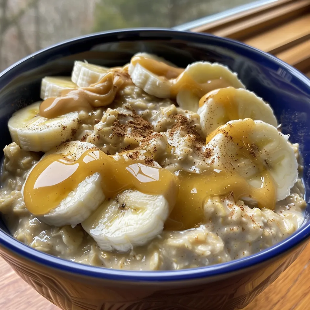['A close-up side view of creamy peanut butter banana oatmeal topped with sliced bananas and drizzled with maple syrup.', 'A delicious bowl of oatmeal featuring peanut butter powder, slices of banana, and a creamy texture, captured from the side.', 'A vibrant side view of oatmeal mixed with peanut butter and banana, showcasing its creamy and inviting appearance.', 'A detailed look at a bowl of oatmeal with peanut butter and banana, garnished with chocolate chips and yogurt.']