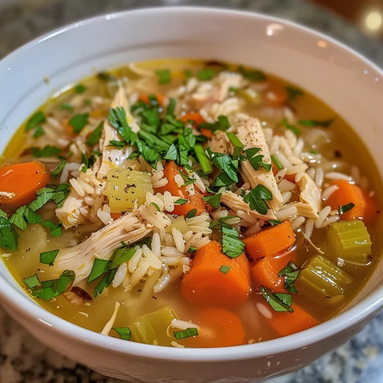 ['Close-up view of homemade chicken and rice soup, showcasing diced vegetables and herbs.', 'Side angle of a warm bowl of chicken and rice soup, garnished with parsley.', 'Detailed shot of steaming chicken and rice soup with vibrant carrots and celery.', 'Appetizing display of chicken soup, highlighting fresh ginger and turmeric.']