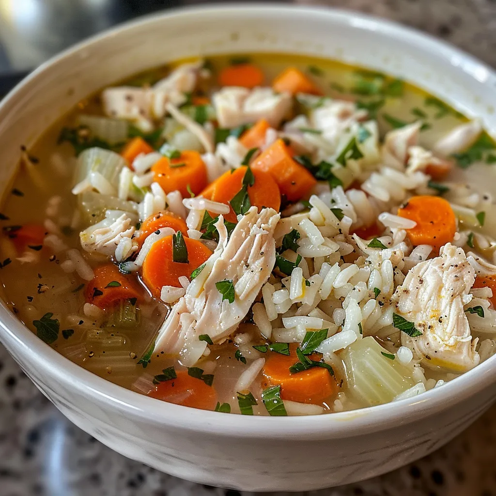 ['Close-up view of homemade chicken and rice soup, showcasing diced vegetables and herbs.', 'Side angle of a warm bowl of chicken and rice soup, garnished with parsley.', 'Detailed shot of steaming chicken and rice soup with vibrant carrots and celery.', 'Appetizing display of chicken soup, highlighting fresh ginger and turmeric.']