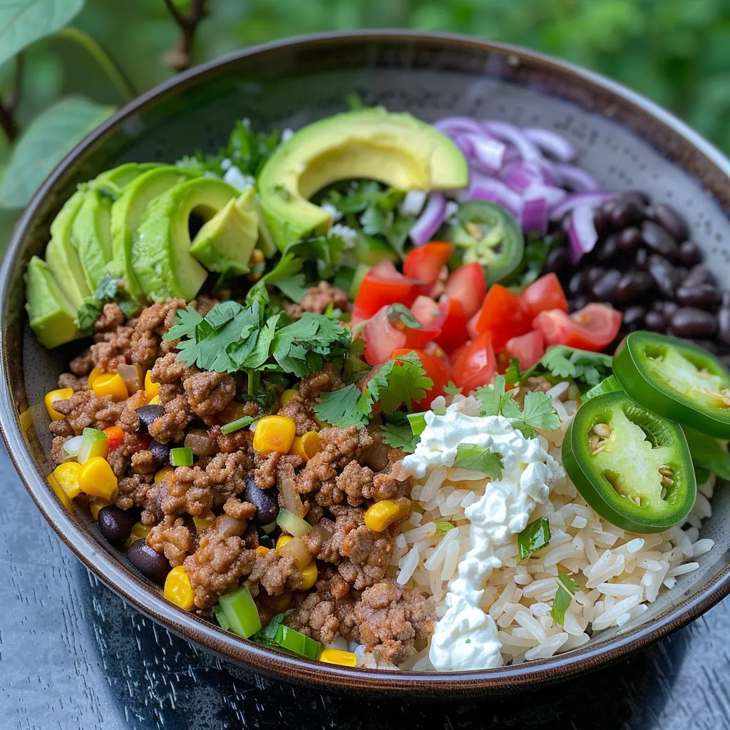 ['A close-up view of a Chicken Burrito Bowl filled with colorful ingredients.', 'Side view of a Chicken Burrito Bowl showcasing juicy chicken, rice, and vegetables.', 'A detailed shot of a Chicken Burrito Bowl featuring lean protein and fresh veggies.', 'An appetizing Chicken Burrito Bowl highlighting wholesome brown rice and vibrant colors.']