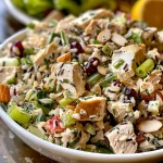 ['Close-up view of a bowl filled with a colorful Long Grain and Wild Rice Chicken Salad, showcasing vibrant ingredients.', 'Side angle of a juicy chicken salad featuring long grain and wild rice, garnished with fresh vegetables and nuts.', 'Detailed photo of a fresh chicken salad with wild rice, cranberries, and slivered almonds in a rustic bowl.', 'A vibrant Long Grain and Wild Rice Chicken Salad displayed with tortilla wraps, highlighting its colorful ingredients.']