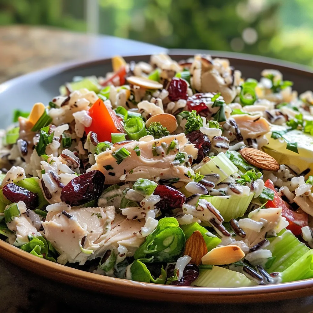 ['Close-up view of a bowl filled with a colorful Long Grain and Wild Rice Chicken Salad, showcasing vibrant ingredients.', 'Side angle of a juicy chicken salad featuring long grain and wild rice, garnished with fresh vegetables and nuts.', 'Detailed photo of a fresh chicken salad with wild rice, cranberries, and slivered almonds in a rustic bowl.', 'A vibrant Long Grain and Wild Rice Chicken Salad displayed with tortilla wraps, highlighting its colorful ingredients.']