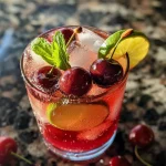['Close-up of a sparkling cherry lime mocktail in a glass, garnished with a lime wedge and mint.', 'Side view of a refreshing cherry lime mocktail with ice, mint, and a slice of lime on top.', 'Brightly colored mocktail featuring frozen cherries, lime juice, and sparkling water served in a clear glass.', 'A vibrant glass of cherry lime mocktail with fresh mint and a lime slice, showcasing its fizzy texture.']