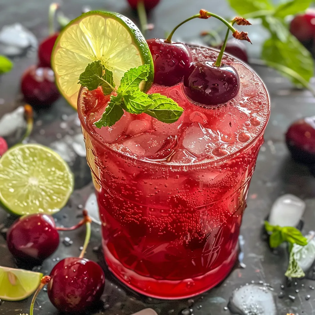 ['Close-up of a sparkling cherry lime mocktail in a glass, garnished with a lime wedge and mint.', 'Side view of a refreshing cherry lime mocktail with ice, mint, and a slice of lime on top.', 'Brightly colored mocktail featuring frozen cherries, lime juice, and sparkling water served in a clear glass.', 'A vibrant glass of cherry lime mocktail with fresh mint and a lime slice, showcasing its fizzy texture.']
