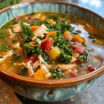 ['A close-up view of a bowl filled with Chicken & Kale Soup, showcasing chunks of chicken and vibrant green kale.', 'A side view of Chicken & Kale Soup, highlighting the hearty ingredients like beans and diced potatoes.', 'A detailed image of Chicken & Kale Soup, featuring kale leaves and tender chicken pieces in a savory broth.', 'A vibrant bowl of Chicken & Kale Soup, displaying layers of ingredients including yellow onion and lemon wedges.']