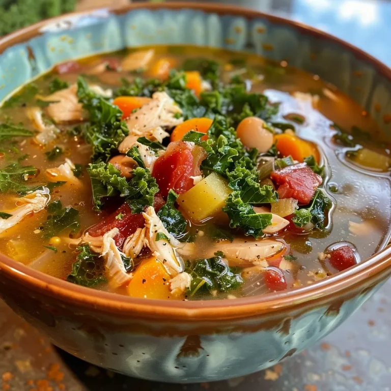 ['A close-up view of a bowl filled with Chicken & Kale Soup, showcasing chunks of chicken and vibrant green kale.', 'A side view of Chicken & Kale Soup, highlighting the hearty ingredients like beans and diced potatoes.', 'A detailed image of Chicken & Kale Soup, featuring kale leaves and tender chicken pieces in a savory broth.', 'A vibrant bowl of Chicken & Kale Soup, displaying layers of ingredients including yellow onion and lemon wedges.']