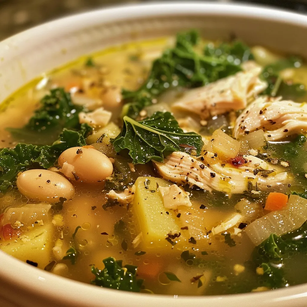 ['A close-up view of a bowl filled with Chicken & Kale Soup, showcasing chunks of chicken and vibrant green kale.', 'A side view of Chicken & Kale Soup, highlighting the hearty ingredients like beans and diced potatoes.', 'A detailed image of Chicken & Kale Soup, featuring kale leaves and tender chicken pieces in a savory broth.', 'A vibrant bowl of Chicken & Kale Soup, displaying layers of ingredients including yellow onion and lemon wedges.']