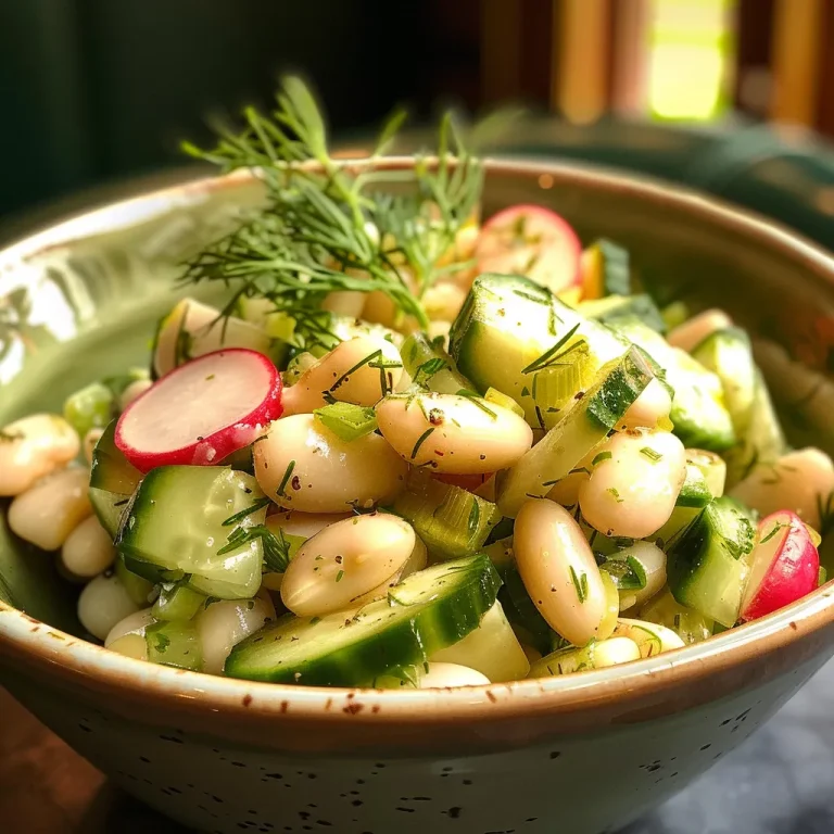 ['Close-up shot of a vibrant Dilly White Bean Cucumber Salad with sliced cucumbers and radishes.', 'A detailed view of a fresh salad featuring white beans, cucumbers, and dill on a white plate.', 'Side view of a colorful Dilly White Bean Cucumber Salad, showcasing green onions and radishes.', 'Close-up image of a refreshing salad made with white beans, cucumbers, and fresh herbs.']