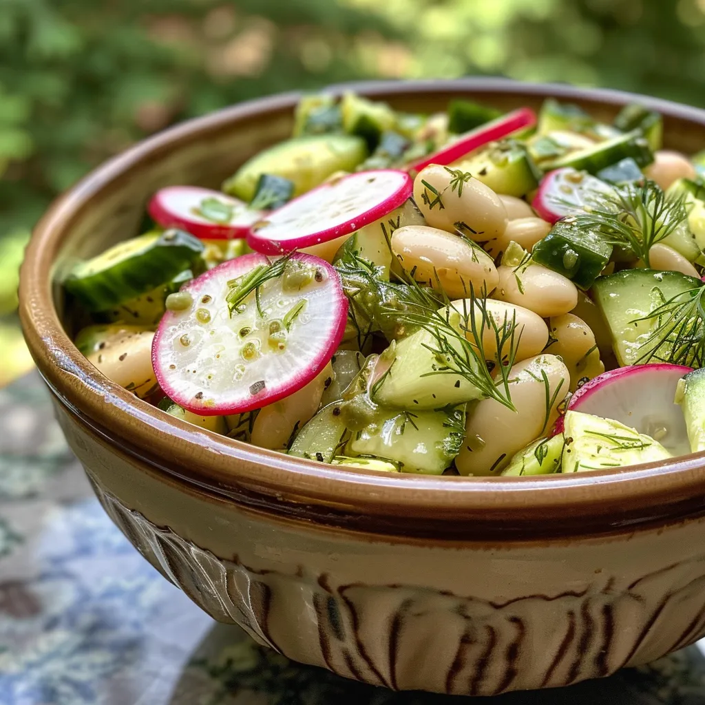 ['A close-up side view of a vibrant Dilly White Bean Cucumber Salad in a bowl.', 'A detailed shot of fresh Dilly White Bean Cucumber Salad showcasing beans, cucumbers, and radishes.', 'A colorful presentation of Dilly White Bean Cucumber Salad with green onions and dill.', 'A side view of a refreshing cucumber salad featuring white beans, radishes, and herbs.']