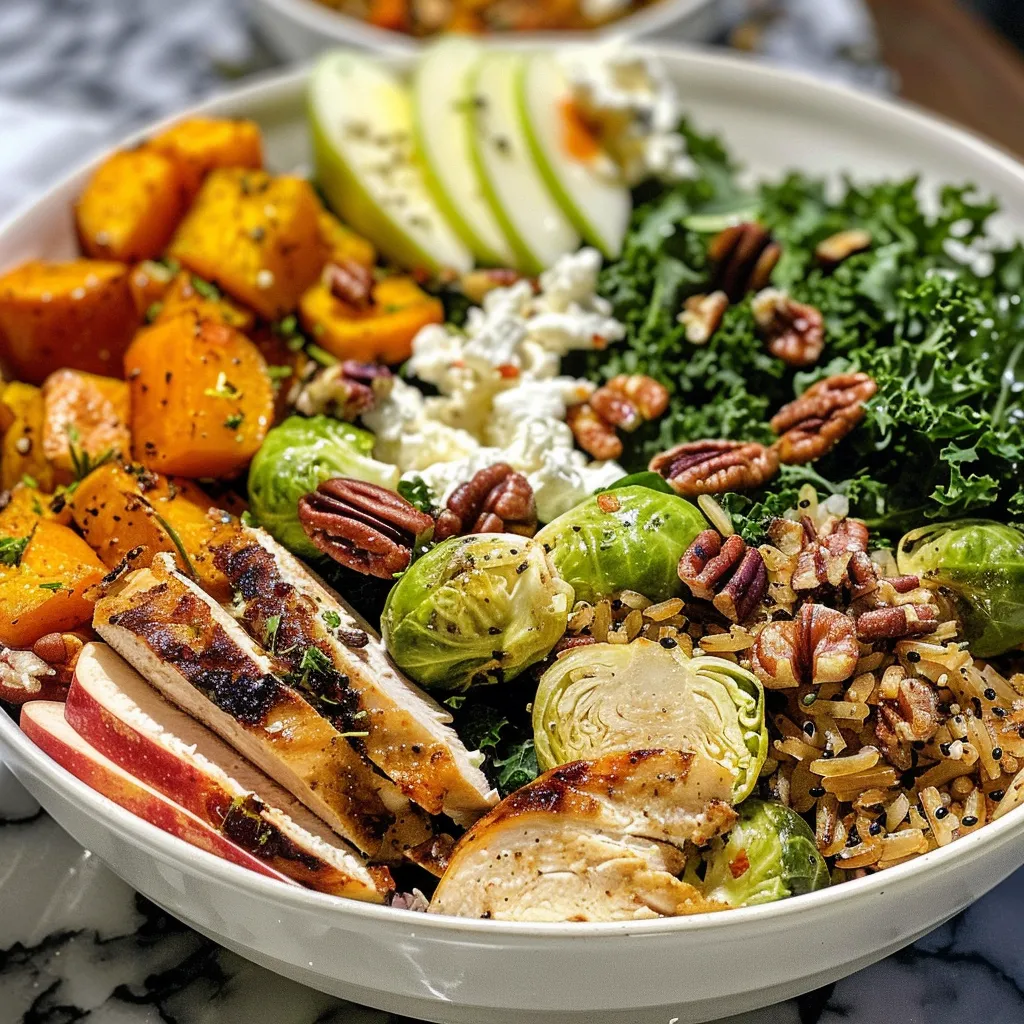 ['Close-up view of a Sweetgreen Harvest Bowl filled with vibrant ingredients.', 'Side view of a colorful Sweetgreen Harvest Bowl showcasing fresh vegetables and grains.', 'Detailed shot of a Sweetgreen Harvest Bowl with chicken, sweet potatoes, and kale.', 'Close-up image of a Sweetgreen Harvest Bowl featuring nuts and feta cheese on top.']